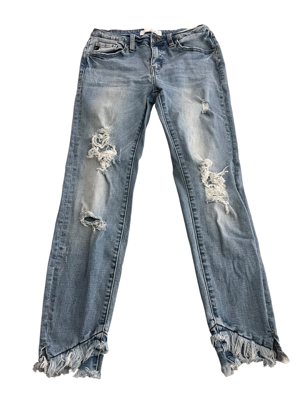 KanCan Women’s Size 7/27 Straight Leg Jeans Distressed Asymmetrical Raw Hem